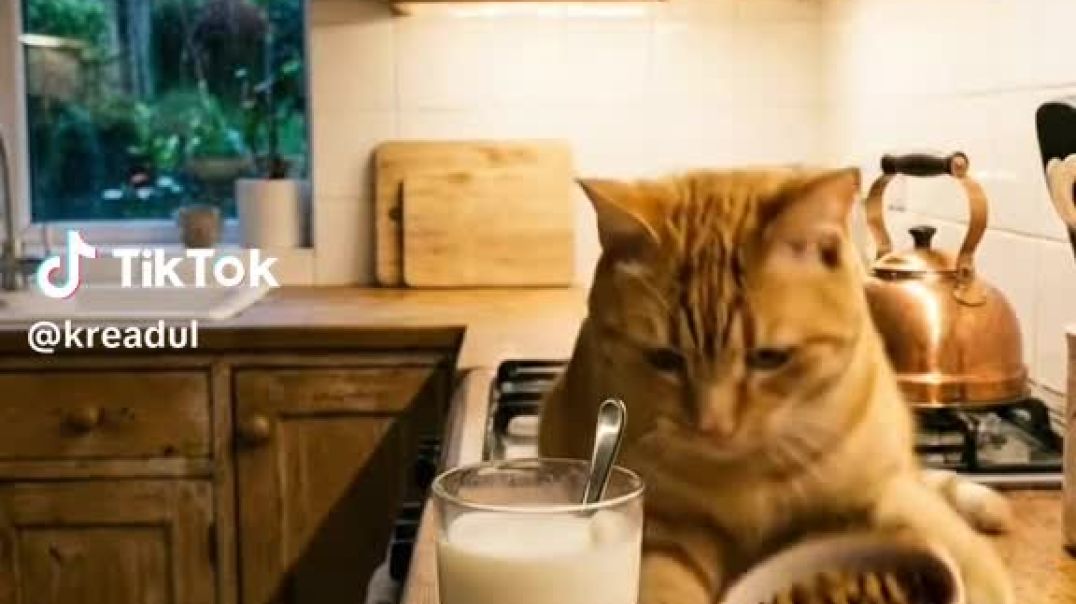 ⁣Kucing bancuh milo ais